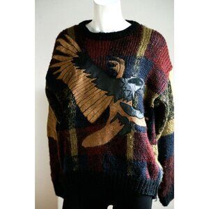 Vintage Street Scenes Patchwork Wool Leather Eagle Motif Pullover S